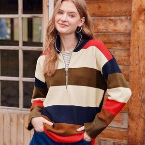 Striped Half-Zip Knit Sweater | Colorblock Pullover | Size L | NWOT